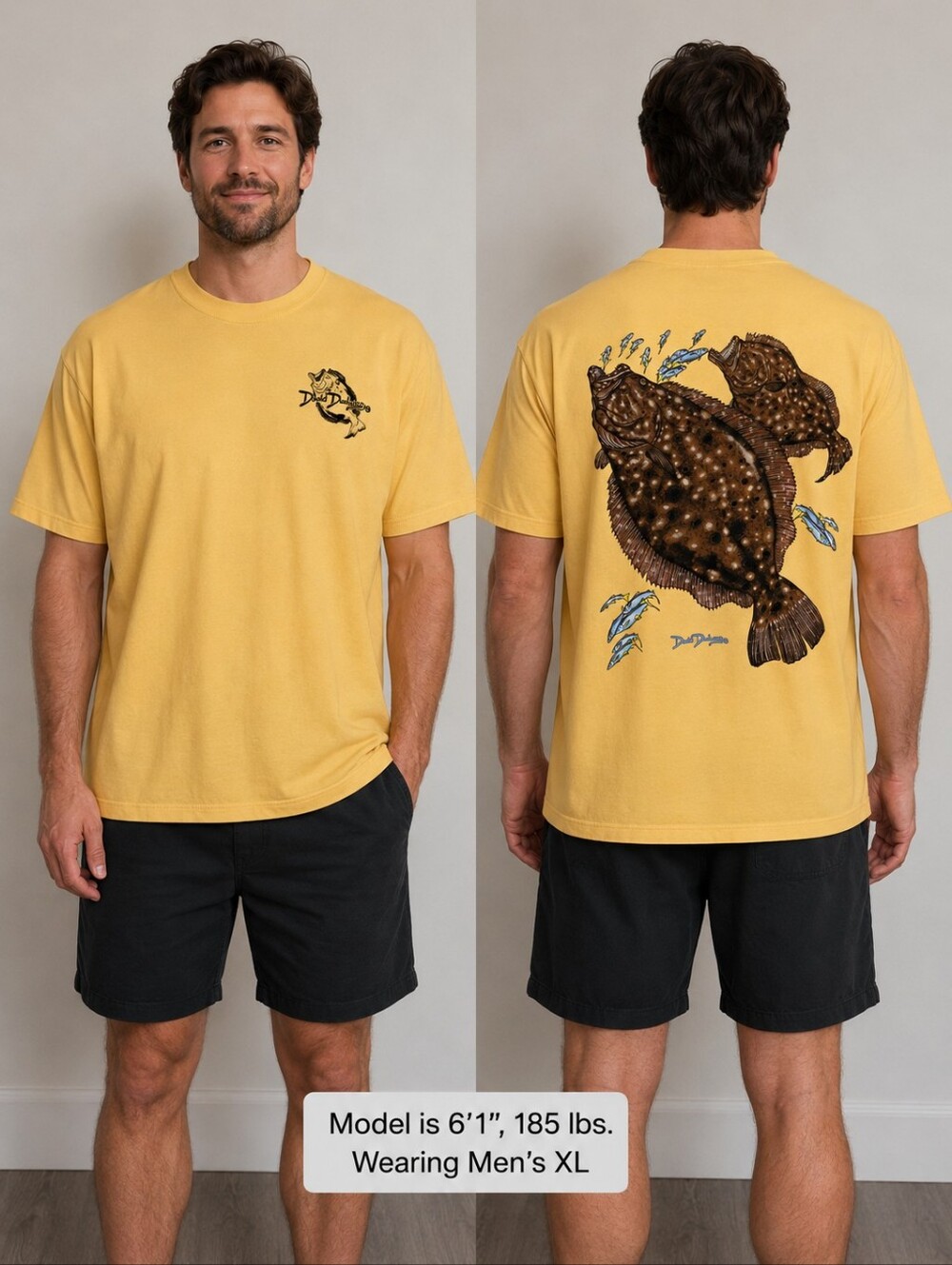 David Dunleavy Flounder Fish Graphic T-Shirt Men's XL Yellow NWT Fishing UPF 50